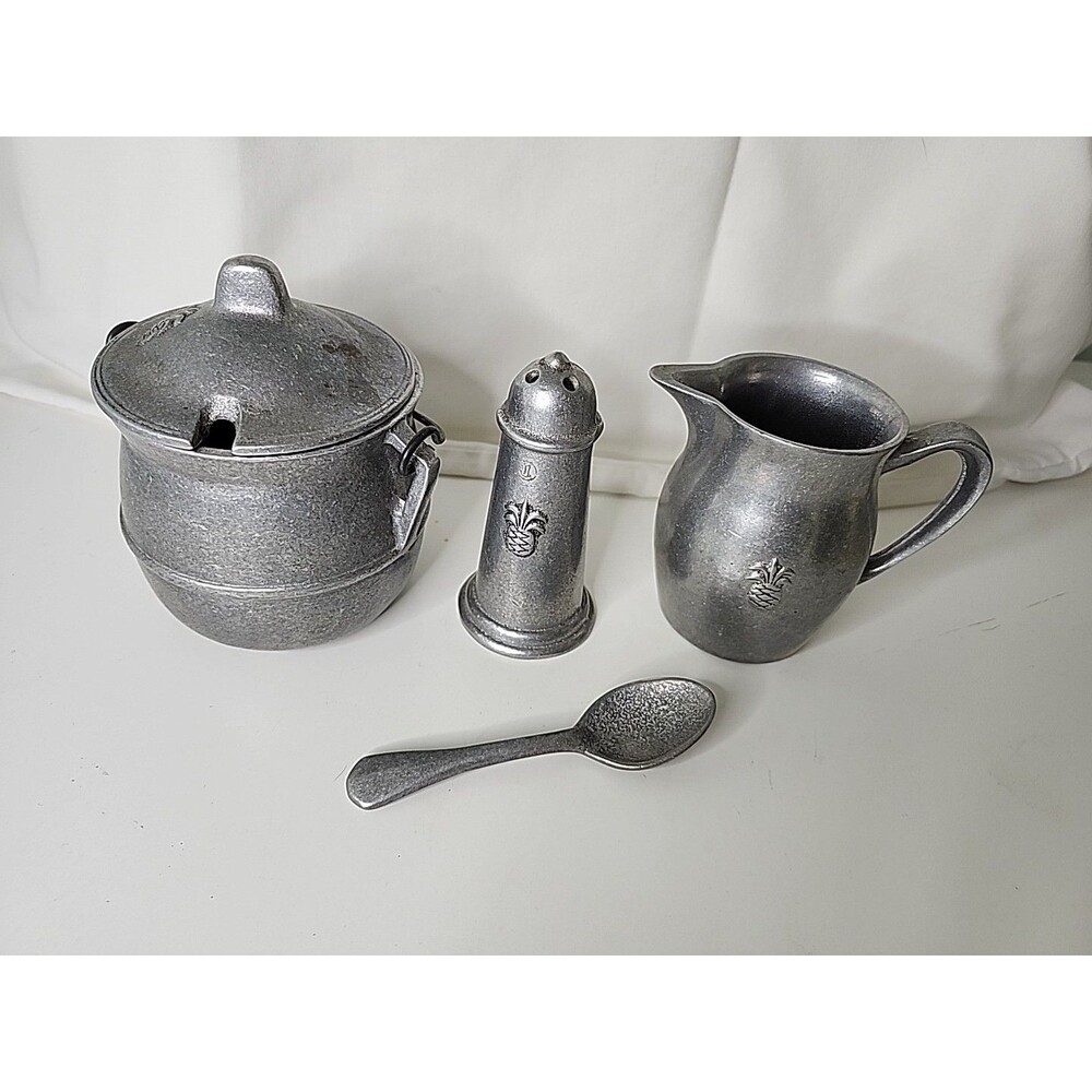 Lot-5 pc Carson Pewter Sugar/Creamer, Toothpick Holder set-pineapple logo